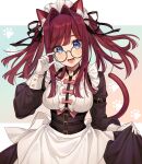  1girl :d adjusting_eyewear animal_ear_fluff animal_ears apron black_dress black_ribbon blue_eyes blush bow breasts brown-framed_eyewear brown_hair cat_day cat_ears cat_girl cat_tail center_frills commentary_request dress frills glasses gloves hair_intakes hair_ribbon hand_up heart_ring karokuchitose long_hair long_sleeves maid maid_headdress medium_breasts open_mouth original red_bow ribbon round_eyewear smile solo tail twintails waist_apron white_apron white_gloves 