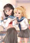  2girls :d black-framed_eyewear black_hair blonde_hair blue_neckwear blue_sailor_collar blurry blurry_background blush book bra breasts brown_eyes chair commentary_request depth_of_field desk glasses grey_skirt hair_ornament hair_scrunchie hairclip highres holding holding_book indoors iroha_(shiki) lifted_by_another long_hair long_sleeves medium_breasts multiple_girls neckerchief open_mouth original pleated_skirt ponytail red_bra red_scrunchie sailor_collar school_chair school_desk school_uniform scrunchie serafuku shirt shirt_lift skirt smile underwear white_shirt 