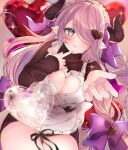  1girl absurdres apron artist_request blue_eyes blush braid breasts cleavage demon_horns draph granblue_fantasy hair_ornament hair_over_one_eye hairclip heart highres horns huge_filesize large_breasts light_purple_hair long_hair long_sleeves looking_at_viewer low_tied_hair narmaya_(granblue_fantasy) pointy_ears ribbed_sweater ribbon single_braid solo sweater valentine 