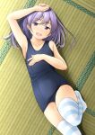  1girl :d arm_up bangs bare_arms bare_shoulders blue_swimsuit collarbone commentary_request eyebrows_visible_through_hair feet hair_between_eyes highres knee_up long_hair looking_at_viewer lying no_shoes old_school_swimsuit on_back on_floor one-piece_swimsuit open_mouth original purple_eyes purple_hair school_swimsuit shibacha smile solo striped striped_legwear swimsuit tatami thighhighs upper_teeth 