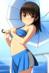  1girl absurdres bandeau bangs bare_arms bare_shoulders black_hair blue_bandeau blue_skirt blue_umbrella blurry blurry_background blush breasts brown_eyes closed_mouth depth_of_field eyebrows_visible_through_hair hair_between_eyes highres holding holding_umbrella long_hair looking_at_viewer matsunaga_kouyou medium_breasts navel nose_blush original pleated_skirt race_queen skirt smile solo strapless umbrella 
