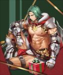  1boy abs anjingkuxiao bara bare_pecs beard bow bowtie box cape chest_harness christmas facial_hair feet_out_of_frame fire_emblem fur-trimmed_cape fur_trim gauntlets gift gift_box green_hair harness highres large_pectorals leather looking_at_viewer male_focus mature_male muscular muscular_male navel nipples pelvic_curtain santa_costume seteth_(fire_emblem) short_hair sitting snowflake_print solo stomach thighs 