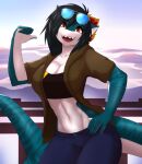  2021 absurd_res anthro black_hair breasts day detailed_background digital_media_(artwork) female fish hair hi_res marine midriff navel non-mammal_breasts open_mouth orange_eyes outside shark sky smile solo teeth tongue xaenyth 