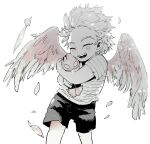  1boy ^_^ ^o^ boku_no_hero_academia character_doll closed_eyes commentary_request feathered_wings feathers forehead greyscale hawks_(boku_no_hero_academia) highres monochrome object_hug shirt short_sleeves shorts solo spot_color striped striped_shirt stuffed_toy t-shirt todoroki_enji torn_clothes upper_teeth wings yokoyari_mengo younger 