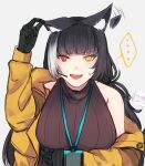  ... 1girl afterimage animal_ear_fluff animal_ears bangs black_gloves black_hair blush cat_ears girls_frontline gloves grey_background heterochromia hinagi_(fox_priest) jacket long_hair long_sleeves looking_at_viewer multicolored_hair open_mouth red_eyes ro635_(girls_frontline) simple_background solo spoken_ellipsis streaked_hair upper_body white_hair yellow_eyes yellow_jacket 