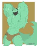  &lt;3 2021 abs anthro biceps big_bulge big_muscles black_markings bulge canid canine canis clothing colored dischimera fluffy fluffy_tail fur green_body green_fur hi_res huge_muscles huge_pecs male mammal markings muscular muscular_arms muscular_thighs nipples raised_arm recycling_symbol rei_(guilty_gear) shaded simple_background tuft underwear watermark white_eyes wolf 