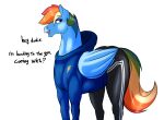  2021 absurd_res clothed clothed_feral clothing dialogue english_text equid equine feral friendship_is_magic hasbro hi_res mammal multicolored_tail my_little_pony pegasus rainbow_dash_(mlp) rainbow_tail simple_background solo text welost white_background wings 