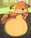  anthro belly bent_over big_belly bobcat bubsy bubsy_(series) climbing felid feline forest foxball hair hi_res hyper hyper_belly inflation lying lynx male mammal nude on_front outside plant short_hair solo tree video_games 