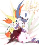  1girl :3 absol absurdres alcohol alternate_eye_color anger_vein animal_ear_fluff animal_ears animal_nose annoyed arm_around_shoulder artist_name bangs black_fur blue_eyes blush body_fur bottle braixen claws commentary confetti dated drink drunk english_commentary english_text eryz fangs fox_ears fox_girl fox_tail full_body gen_3_pokemon gen_6_pokemon hand_up highres holding holding_bottle holding_pipe hug milestone_celebration nose_blush open_mouth pawpads paws pipe pokemon pokemon_(creature) red_eyes short_hair signature sitting sitting_on_lap sitting_on_person smile smoking snout tail tongue white_background white_fur white_hair yellow_fur 