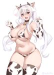  1girl :d ahoge animal_ears animal_print bangs bare_shoulders bell bell_collar bikini breasts brown_eyes collar commentary covered_nipples cow_ears cow_girl cow_horns cow_print cowbell cowboy_shot elbow_gloves fake_animal_ears fake_horns gloves hair_between_eyes hairband hands_up heart highres horns iwbitu-sa large_breasts long_hair looking_at_viewer navel nyopu open_mouth original print_bikini print_gloves print_legwear simple_background skindentation smile solo star_(symbol) star_in_eye stomach swimsuit symbol_commentary symbol_in_eye thick_eyebrows thighhighs twintails twitter_username upper_teeth white_background white_hair 