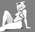  10mo 1girl animal_ears arm_support bikini black_hairband breasts caenis_(fate) covered_nipples fate/grand_order fate_(series) feet_out_of_frame grey_background hair_intakes hairband highleg highleg_bikini large_breasts monochrome muscular muscular_female navel reclining short_hair solo swimsuit white_hair 