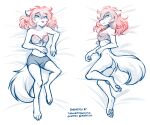  2021 anthro barefoot bottomless bottomwear breasts butt canid canine canis chest_tuft cleavage clothed clothing conditional_dnp dakimakura_design digitigrade female hi_res keidran looking_aside looking_at_viewer lying mammal midriff monochrome navel on_back on_side pawpads roselyn_(twokinds) shorts simple_background sketch skimpy smile solo tom_fischbach tuft twokinds webcomic white_background wolf 