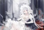  1girl blush choker dress eyebrows_visible_through_hair flower gloves grey_eyes grey_hair light_particles light_rays long_hair original parted_lips puffy_sleeves red_flower rojiura_(rojunu11) sketch smile solo twintails white_choker white_dress white_gloves white_theme 
