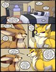  bed bedroom brown_body brown_eyes brown_fur canid canine comic english_text fennec fox fur furniture hi_res kuroodod mammal purple_eyes sam_(changing_fates) sloth_(changing_fates) smile text yellow_body yellow_fur 