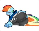  2021 absurd_res anus_outline blush butt clothed clothed_feral clothing dock equid equine female feral friendship_is_magic hasbro hi_res hooves mammal multicolored_tail my_little_pony one_eye_closed pegasus rainbow_dash_(mlp) rainbow_tail simple_background solo tongue tongue_out underhoof welost white_background wings 