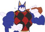  2020 4_fingers abs animal_crossing anthro big_muscles blue_body blue_fur clothing colored dipstick_tail dischimera domestic_cat felid feline felis fingers fur gloves_(marking) huge_muscles huge_pecs long_ears looking_down male mammal markings multicolored_tail muscular muscular_arms muscular_male nintendo rover_(animal_crossing) shirt signature simple_background smile solo sweater sweater_vest tight_clothing tight_shirt tight_topwear topwear vest video_games white_markings 