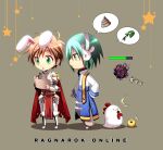  2boys ^^^ animal_ears archbishop_(ragnarok_online) armor armored_boots bangs bird blue_coat boots breastplate brown_hair bunny_ears chibi chick chicken coat commentary_request constant eyes_visible_through_hair full_body gauntlets green_eyes green_hair grey_background hairband health_bar holding holding_paper leaf leg_armor looking_at_another male_focus multiple_boys nip_sakazuki open_mouth pants paper pauldrons poop ragnarok_online rune_knight_(ragnarok_online) short_hair shoulder_armor simple_background speech_bubble spiked_pauldrons star_(symbol) two-tone white_coat white_hairband white_pants 