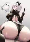  1girl ass ass_focus back_cutout black_bow black_footwear black_panties black_sleeves blue_eyes bow clothing_cutout detached_sleeves high_heels highres holding holding_sword holding_weapon kneeling looking_at_viewer looking_back mama_(nier) mole mole_under_mouth nier_(series) nier_automata nier_reincarnation panties reflection reflective_floor shiroshisu sleeves sword underwear weapon white_hair yorha-issue_blade yorha_no._2_type_b 