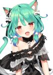  1girl ahoge animal_ear_fluff animal_ears bare_shoulders black_dress black_ribbon blue_hair blush cat_ears cat_tail commentary detached_collar dress ear_piercing eyebrows_visible_through_hair fang flat_chest frilled_dress frills gradient_hair green_hair hair_ornament hair_ribbon hololive kemonomimi_mode kurot multicolored_hair off-shoulder_dress off_shoulder open_mouth piercing red_eyes ribbon see-through_sleeves short_hair simple_background skull_hair_ornament smile solo tail twintails two-tone_hair uruha_rushia virtual_youtuber white_background 
