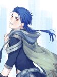  1boy bangs belt blue_hair blush bodysuit_under_clothes braid braided_ponytail cape child closed_mouth cu_chulainn_(fate)_(all) earrings fang fate/grand_order fate/grand_order_arcade fate_(series) floating_hair from_behind grin highres hood hood_down hooded_cape inamugi jewelry long_hair male_focus ponytail red_eyes setanta_(fate) slit_pupils smile solo spiked_hair 