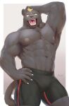  2021 abs absurd_res amber_eyes anthro biceps black_body black_fur blonde_hair bodily_fluids bottomwear bulge chest_tuft claws clothed clothing delta3814 fangs felid finger_claws fur hair hand_on_head hand_on_hip hi_res looking_at_viewer male mammal muscular muscular_anthro muscular_male nipples open_mouth pantherine pecs portrait quads sharp_teeth shorts simple_background solo sweat teeth three-quarter_portrait tongue topless triceps tuft 