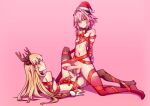  2boys absurdres antlers astolfo_(fate) bell bell_choker black_legwear blonde_hair blue_eyes blush bound bridal_gauntlets censored chevalier_d&#039;eon_(fate) choker christmas commentary_request detached_sleeves erection fate/grand_order fate_(series) full_body fur_trim gradient gradient_background grey_eyes hair_intakes hat heart heart_censor hej highres kneeling lens_flare long_hair looking_at_viewer lying male_focus medium_hair multicolored_hair multiple_boys multiple_penises on_back otoko_no_ko penis penises_touching pink_background pink_hair red_legwear ribbon ribbon_bondage santa_costume santa_hat shiny shiny_skin simple_background smug spread_legs streaked_hair testicles_touching thighhighs tied_up toned toned_male white_hair yaoi 