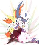  1girl :3 absol absurdres alcohol alternate_eye_color anger_vein animal_ear_fluff animal_ears animal_nose annoyed arm_around_shoulder artist_name bangs black_fur blue_eyes blush body_fur bottle braixen claws commentary dated drink drunk english_commentary english_text eryz fangs fox_ears fox_girl fox_tail full_body gen_3_pokemon gen_6_pokemon hand_up highres holding holding_bottle holding_pipe hug milestone_celebration nose_blush open_mouth pawpads paws pipe pokemon pokemon_(creature) red_eyes short_hair signature sitting sitting_on_lap sitting_on_person smile smoking snout tail textless tongue white_background white_fur white_hair yellow_fur 