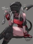  1girl arm_support black_headwear breasts clothes_writing collarbone crossed_legs cuffs dated demon_girl demon_tail fingerless_gloves gloves grey_background handcuffs hat helltaker highres justice_(helltaker) large_breasts long_hair looking_at_viewer noaharbre red_gloves simple_background sketch smile solo sunglasses symbol_commentary tail thighs twintails white_hair 