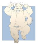  2021 anthro blush bottomwear canid canine canis clothing domestic_dog eyes_closed inunoshippo japanese_text kemono male mammal moritaka overweight overweight_male pants scar shirt solo text tokyo_afterschool_summoners topwear video_games 