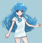  1girl bare_arms bare_legs blue_background blue_eyes blue_hair collarbone commentary_request cowboy_shot floating_hair hair_between_eyes happinesscharge_precure! highres long_hair looking_away no_pants pre221b precure shirayuki_hime shirt short_sleeves sideways_glance simple_background smile solo t-shirt white_shirt 