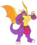  2021 3_toes abs activision aged_up anthro bandanna belt big_bulge big_claws big_muscles bulge claws clothing colored dischimera dragon drill_tail feet gloves handwear hi_res horn huge_bulge huge_muscles huge_pecs kerchief male muscular muscular_arms muscular_thighs nipples purple_body purple_scales scales signature simple_background solo spines spyro spyro_the_dragon toes underwear video_games wings 
