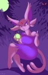  2021 anthro blue_eyes blue_tunic clothed clothing eeveelution espeon female full_moon fully_clothed hi_res holding_object moon nintendo open_mouth orb pink_body pok&eacute;mon pok&eacute;mon_(species) sanssouci signature simple_background solo tunic video_games 