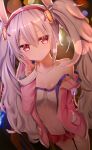  1girl animal_ears azur_lane bangs blurry bokeh breasts camisole collarbone depth_of_field eyebrows_visible_through_hair fake_animal_ears hair_between_eyes highres laffey_(azur_lane) looking_at_viewer medium_breasts red_eyes solo thighhighs tou_tou twintails v white_hair white_legwear 