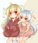  2girls ahoge animal_ears biting blue_hair brown_hair brown_jacket cat_ears cat_girl cat_tail commentary_request ears_touching highres jacket long_hair multiple_girls naked_jacket naked_sweater no_pants original pink_sweater red_eyes sunapua sweater tail tail_biting tail_grab tail_wrap yuri 