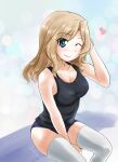  1girl ;) abimaru_gup arm_between_legs black_shirt blonde_hair blue_eyes blue_shorts breasts cleavage closed_mouth commentary eyebrows_visible_through_hair girls_und_panzer hair_intakes hand_on_own_head heart highres kay_(girls_und_panzer) long_hair looking_at_viewer medium_breasts micro_shorts one_eye_closed shirt shorts sitting smile solo tank_top thighhighs twitter_username white_legwear 