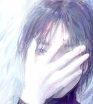  1other ambiguous_gender blood blood_on_fingers face fingernails grey_hair hand_over_eye highres looking_at_viewer original purple_eyes qunqing123 sketch turtleneck 