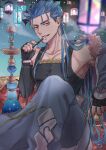 1boy absurdres blue_hair bracelet capelet collarbone cu_chulainn_(fate)_(all) cu_chulainn_(fate/grand_order) earrings elbow_gloves fate/grand_order fate_(series) fingerless_gloves gloves hanging_light highres hookah jewelry lamp long_hair looking_at_viewer male_focus multiple_piercings muscular muscular_male norinobu open_mouth pectorals red_eyes skin_tight smile smoke solo spiked_hair tank_top 