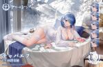 1girl azur_lane blue_eyes blue_hair bra breasts chapayev_(azur_lane) cleavage commentary_request doughnut dress earrings expressions food gujianshaonu hairband jewelry lace-trimmed_dress lace_trim large_breasts looking_at_viewer lying mole mole_on_breast northern_parliament_(emblem) official_alternate_costume official_art on_side parted_lips promotional_art see-through_dress short_hair thigh_strap underwear watermark white_bra white_footwear white_legwear 