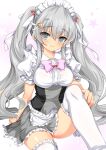  1girl bangs blush breasts emily_(pure_dream) eyebrows_visible_through_hair gradient gradient_background grey_eyes grey_hair looking_at_viewer maid_headdress medium_breasts original puffy_short_sleeves puffy_sleeves short_sleeves simple_background sitting smile solo twintails 