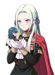 2girls :d black_jacket blue_eyes blue_hair blush byleth_(fire_emblem) byleth_(fire_emblem)_(female) cape chibi commentary edelgard_von_hresvelg fire_emblem fire_emblem:_three_houses forehead garreg_mach_monastery_uniform hair_ribbon holding_another jacket long_hair long_sleeves looking_at_another minigirl multiple_girls open_mouth parted_lips pukui purple_eyes purple_ribbon red_cape ribbon silver_hair simple_background smile upper_body white_background 