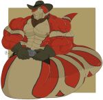  2020 abs anthro apode belt belt_buckle big_muscles clothing colored cowboy cowboy_hat dischimera draconcopode frown glare gloves hands_on_hips handwear hat headgear headwear hi_res huge_muscles huge_pecs legless long_tail looking_at_viewer male multicolored_body muscular muscular_arms muscular_male naga navel nipples red_body red_scales reptile scales scalie serpentine shaded signature simple_background snake solo tan_body tan_scales thick_tail two_tone_body 