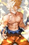  1boy abs absurdres blonde_hair clenched_hands commentary_request cowboy_shot dougi dragon_ball dragon_ball_z green_eyes grin highres legs_apart looking_at_viewer male_focus muscular muscular_male navel parted_lips pectorals serious shirtless smile solo son_goku spiked_hair super_saiyan super_saiyan_2 torn_clothes veins wristband yoshio_(55level) 