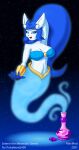  2021 anthro blue_bra blue_clothing blue_eyes blue_hair blue_underwear bottle bottomless bra clothed clothing cosmic_background female floating genie gold_(metal) gold_jewelry hair hand_behind_head hi_res jewelry looking_at_viewer maxmed meowstic midriff night nintendo open_mouth pok&eacute;mon pok&eacute;mon_(species) smile solo star starry_background underwear video_games white_body wrist_cuff 