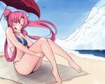  1girl aria beach bikini blush boa_(brianoa) breasts flower hair_ornament happy highres long_hair mizunashi_akari open_mouth pink_hair smile solo swimsuit towel umbrella 