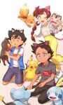  1girl 2boys ;d artist_name ash_ketchum bangs black_hair blue_eyes blue_jacket blush brown_eyes chitozen_(pri_zen) chloe_(pokemon) closed_mouth eevee eyelashes galarian_form galarian_meowth gen_1_pokemon gen_4_pokemon gen_7_pokemon gen_8_pokemon goh_(pokemon) green_eyes grey_shirt heart highres holding holding_pokemon jacket kneeling litten multiple_boys one_eye_closed open_mouth pants pikachu pokemon pokemon_(anime) pokemon_(creature) pokemon_swsh_(anime) ponytail shinx shirt short_sleeves shorts side_slit sleeveless sleeveless_jacket smile sobble socks starter_pokemon suspenders symbol_commentary teeth tongue white_legwear white_shirt yellow_pants 