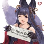  1girl ;) animal_ears artist_name bangs bell black_hair blunt_bangs chestnut_mouth detached_sleeves english_text erune fang fox_ears fox_tail granblue_fantasy hair_bell hair_ornament hair_ribbon heart highres holding holding_sign iiros jingle_bell long_hair looking_at_viewer one_eye_closed purple_eyes red_sleeves ribbon sign smile solo tail thank_you very_long_hair watermark wide_sleeves yuel_(granblue_fantasy) 