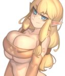  1girl alternate_breast_size blonde_hair blue_eyes breasts cleavage contemporary elbow_gloves gloves highres huge_breasts kelvin_hiu long_hair looking_at_viewer low-tied_long_hair orange_gloves pointy_ears princess_zelda shoulder_tattoo solo strapless tattoo the_legend_of_zelda triforce tubetop underboob white_background 