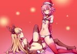  2boys absurdres antlers astolfo_(fate) bell bell_choker bikini black_legwear black_panties blonde_hair blue_eyes blush bridal_gauntlets bulge chevalier_d&#039;eon_(fate) choker christmas corset detached_sleeves english_commentary fate/grand_order fate_(series) full_body fur_trim gradient gradient_background grey_eyes hair_intakes hat hej highres kneeling lens_flare long_hair looking_at_viewer lying male_focus medium_hair micro_bikini multicolored_hair multiple_boys on_back otoko_no_ko panties pink_hair red_legwear red_panties santa_costume santa_hat shadow shiny shiny_skin side-tie_panties smug spread_legs streaked_hair swimsuit symbol_commentary testicles_touching thighhighs toned toned_male underwear white_hair yaoi 