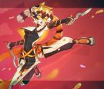  action_pose anthro arknights black_body black_fur black_hair breasts clothed clothing feet felid female footwear fur hair holding_object holding_weapon knife mammal multicolored_body multicolored_fur multicolored_hair open_mouth orange_body orange_fur orange_hair pantherine pose short_hair solo susabi_3b tiger video_games waaifu weapon white_body white_fur white_hair 