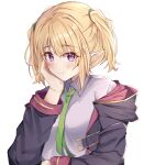  1girl absurdres blonde_hair chloe_(princess_connect!) eyebrows_visible_through_hair green_neckwear hand_on_own_cheek hand_on_own_face highres jacket kaedemaru looking_at_viewer necktie open_clothes open_jacket pointy_ears princess_connect! princess_connect!_re:dive purple_eyes shirt smile twintails white_background 